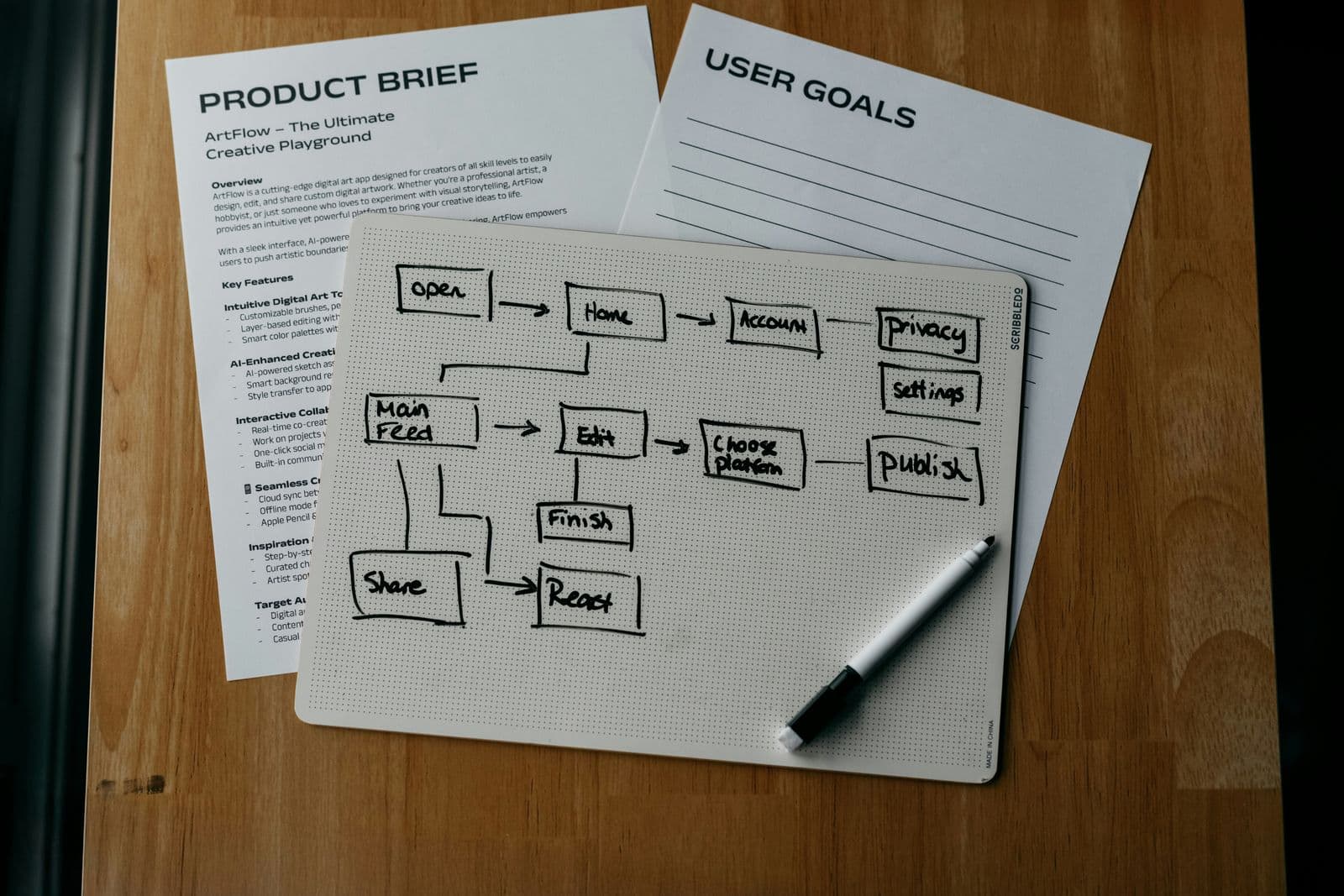 Workflow diagram mapping a business process alongside a product brief and user goals